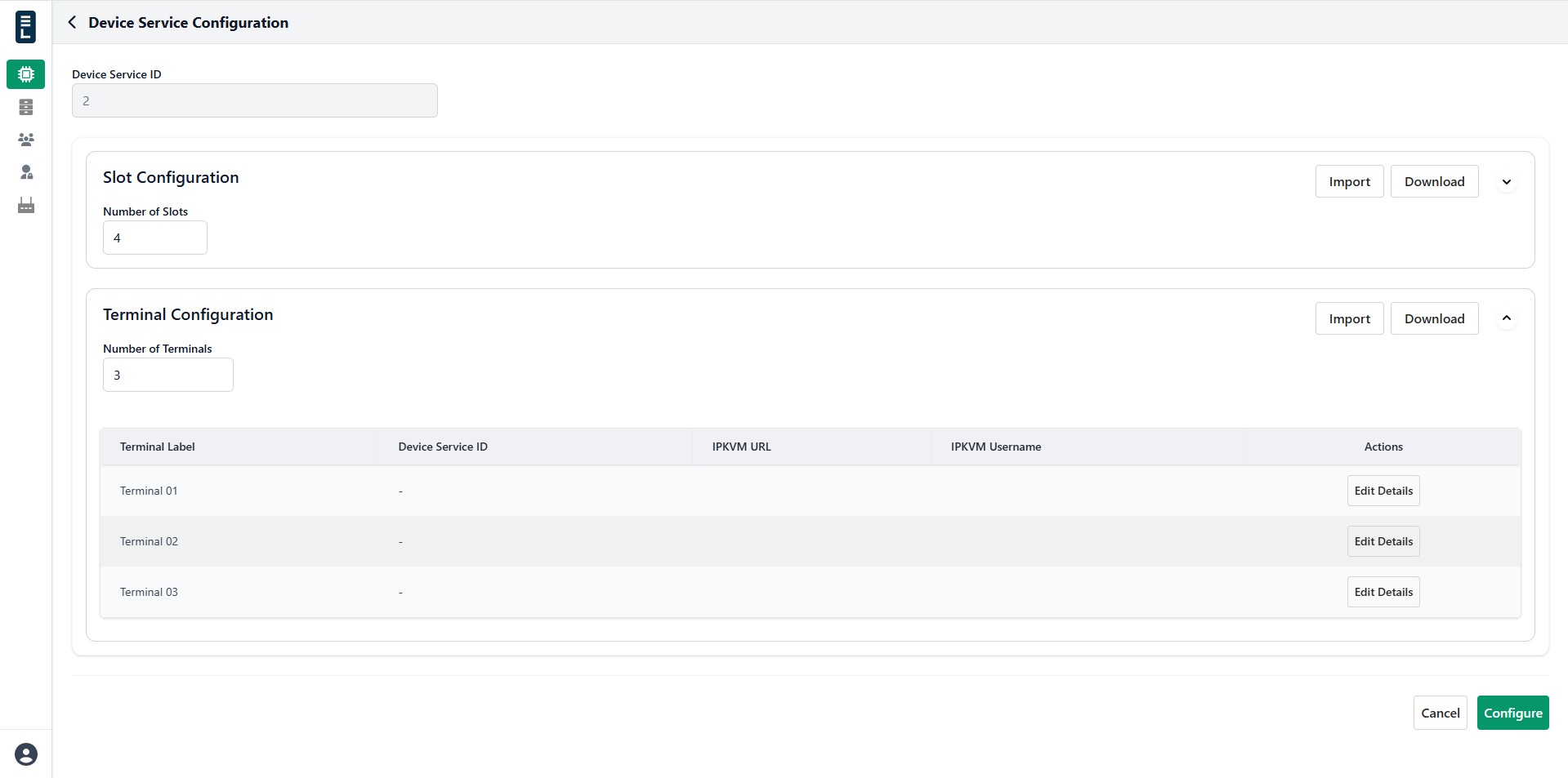 Device service terminal configuration