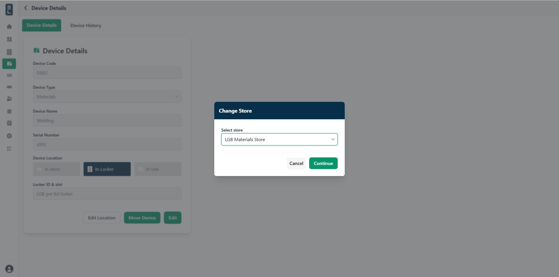 Device editlocation lockertostore select